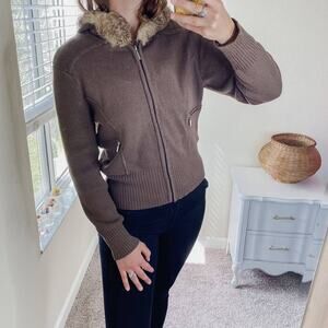 Nine & Co brown full zip sweater jacket with rabbit fur hood size large